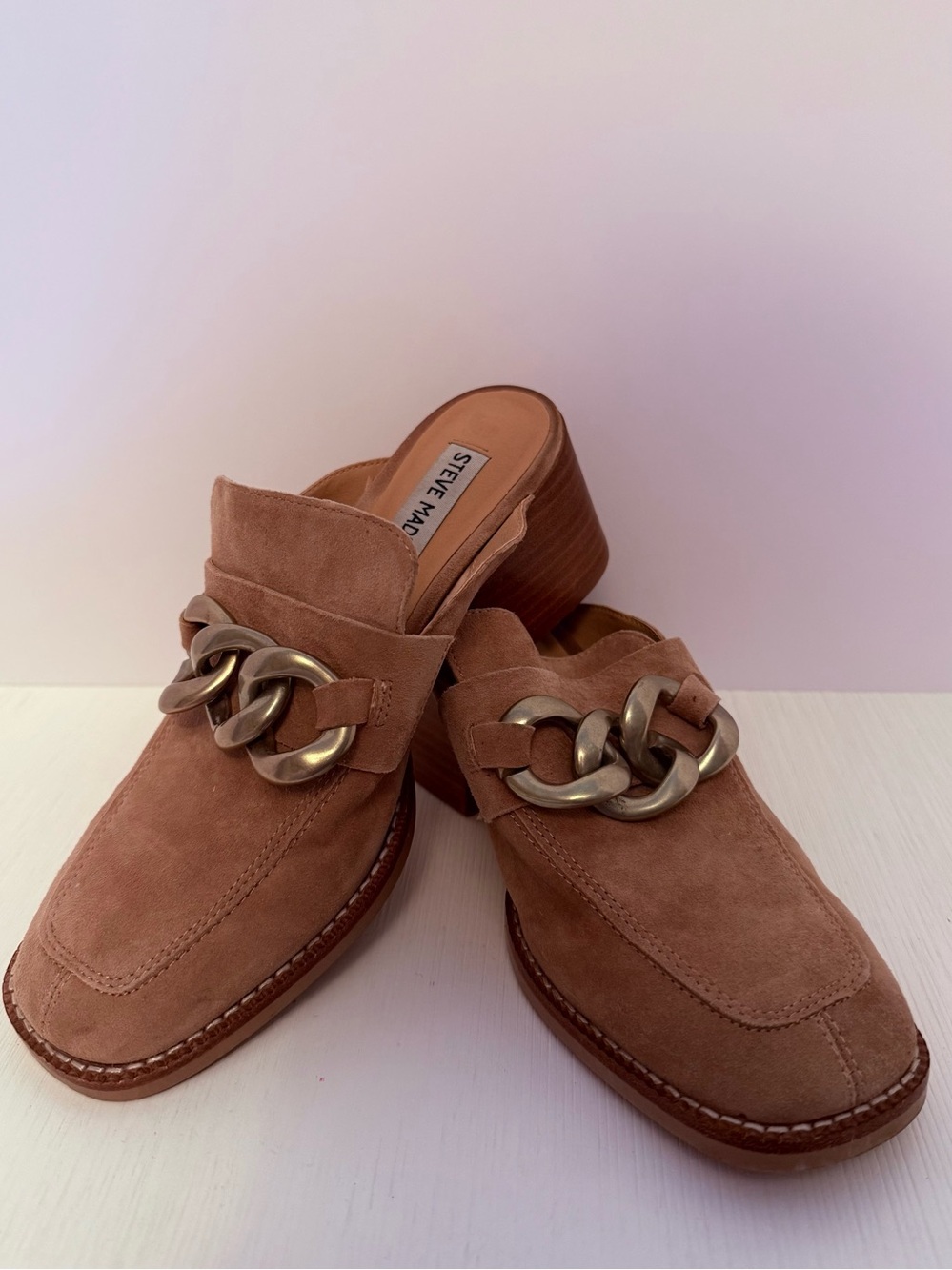 Steve Madden Brown Suede Chain-Detail Mules